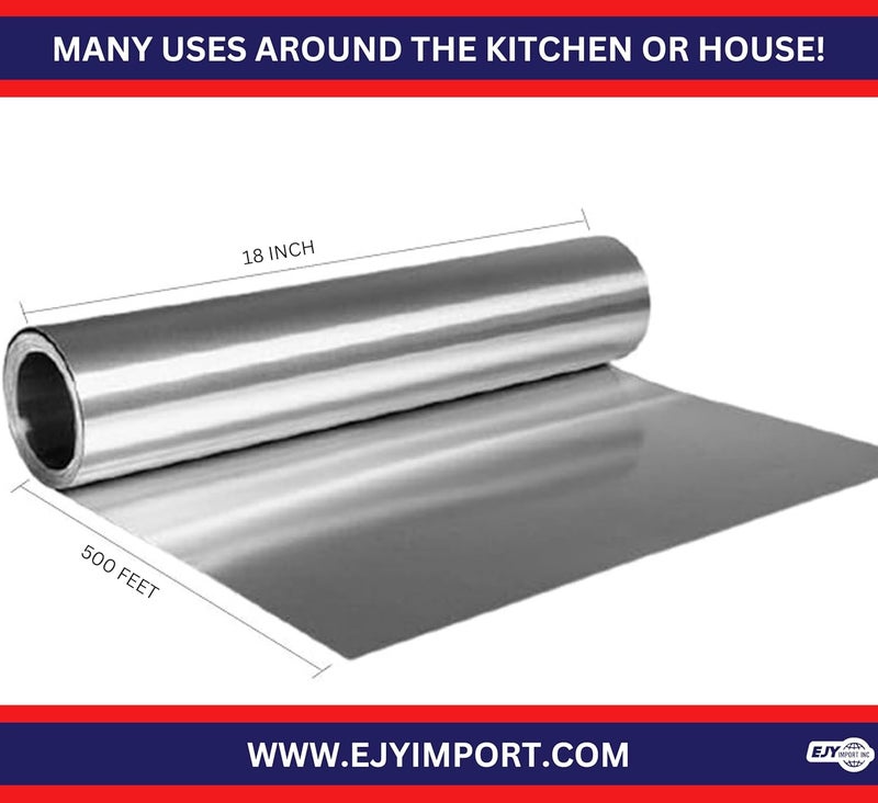 EJY IMPORT 18” x 500 Feet Heavy Duty Aluminum Foil Wrap | Commercial Grade for Food Service Industry | Aluminum Silver Foil for Cooking, Baking, Roasting, BBQ & Parties | 18"x 500 Feet Long. (1) - Image 2